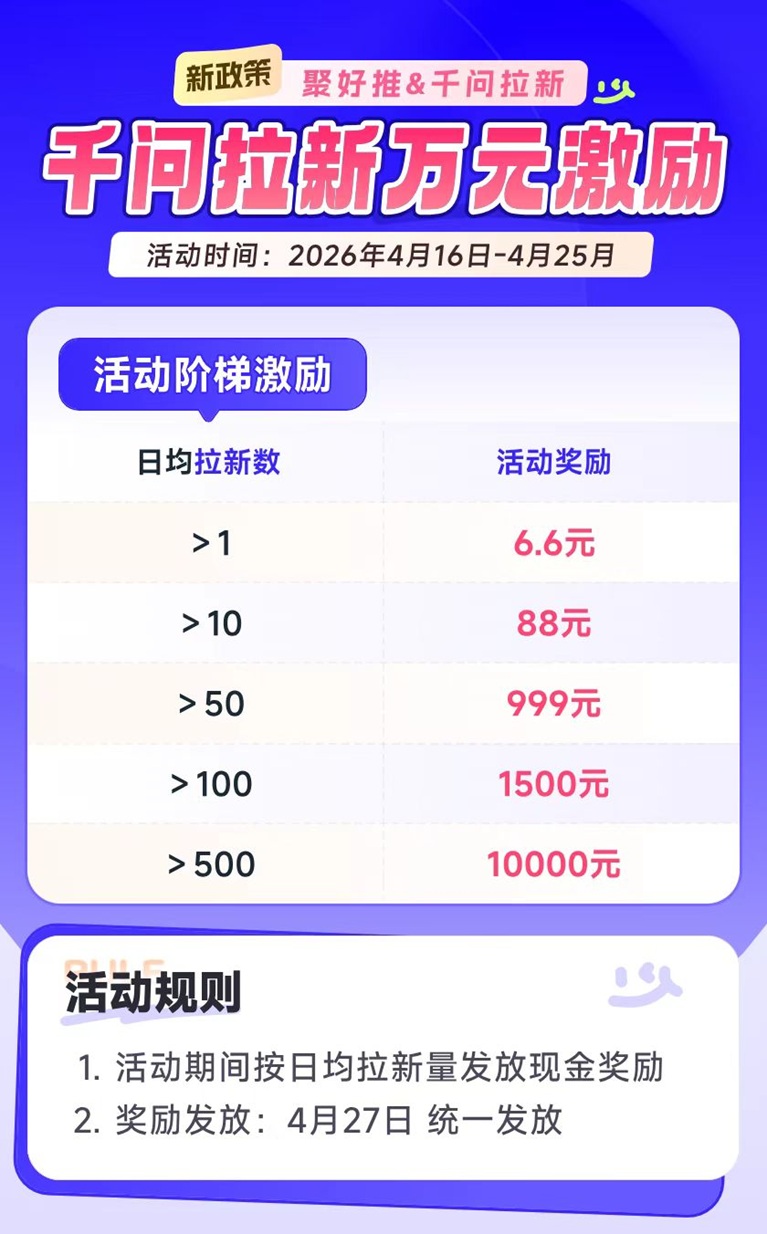 聚好推千問推廣賺錢項(xiàng)目介紹：聚好推千問拉新推廣一級(jí)渠道，全網(wǎng)招募推廣達(dá)人傭金日結(jié)！